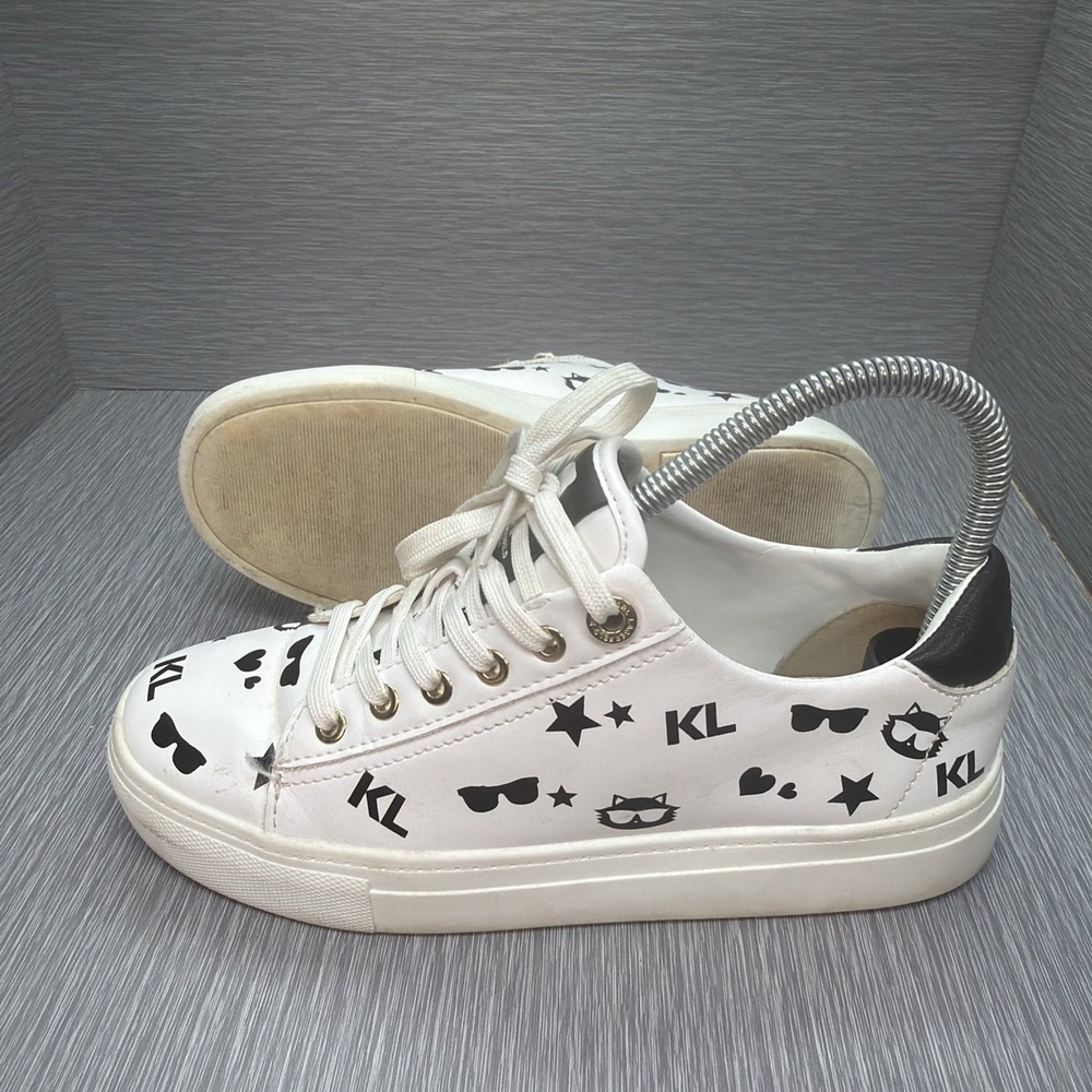 Karl Lagerfeld Choupette‎ Cat Print Sneakers White Leather Low Top 6.5